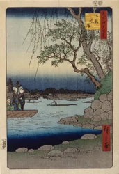 厩舎の堤防（カラー木版画）