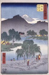 駅36、五油; 東海道鏡花シリーズ（色木版画）