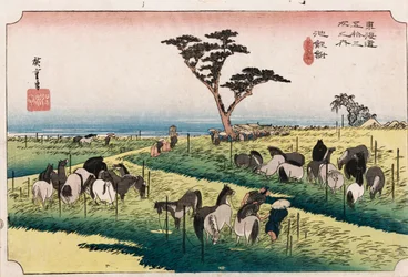 「東海道五十三次」シリーズ「知立四月の馬市場」1834年頃
