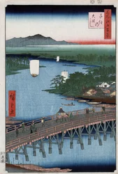 隅田川を渡る千住大橋、背景は山々、安藤広重の木版画。