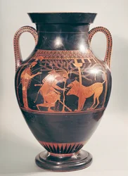 ケルベロスを捕らえるヘラクレスを描いたアッティカ赤絵式胴部アンフォラ、ギリシア、アテネ出土、紀元前6世紀