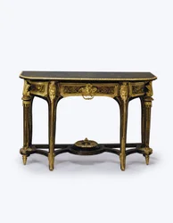 オルモルに取り付けられた茶色のべっ甲の桟橋テーブルの1つ、c.1710（オルモル、真ちゅうの象眼細工、べっ甲、革）（360580も参照）