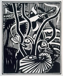 Francois Rabelais (c. 1494-1553) 1943年 (木版画) の「Les horribles et espouvantables faictz et prouesses du tres renomme Panatgruel, Roy des Dipsodes, fils du grand geant Gargantua.フランソワ・ラブレー（1494頃-1553年）1943年（木版画）「アルコフィブラ・ナシエ氏による新しい構成」より。