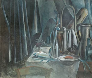 パンかご、水差し、ワイングラスのある静物画