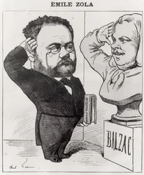 エミールゾラの風刺画（1840-1902）オノレデバルザックの胸像に敬礼（1799-1850）1878
