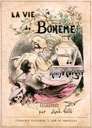 ヘンリーマーガー著「The Life of Boheme」の表紙：若い女性の前で花瓶に「シャンパン」という言葉を描く画家