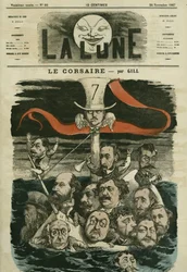 新聞「Le Corsaire」とそのコラムニストのイラスト。ギルによる漫画（「La Lune」11月24日付