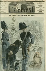 死者の日、ナポレオン3世（1808-1873）はセダンの敗北のために骸骨の集合体の前で裁かれた。11月5日付ギル社「日蝕」の表紙