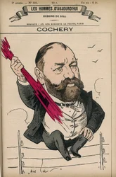 フランスの法律家・政治家で、Ecole Superieure de Telegraphie（現在のEcole Nationale Superieure des Telecommunications）の創設者であるAdolphe Cochery（1819-1900）の肖像。漫画はパリのギル社。