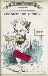 アルフレッド・ルコント（1824-1898）の肖像。フランスの薬剤師、詩人、作詞家、政治家で、1876年から1898年までインドール川の代官を務めた。パリのギル社の漫画。