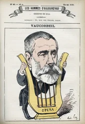 フランスの作曲家であり、パリ・オペラ座のディレクターであったAuguste Emmanuel Vaucorbeil（1821-1884）の肖像。パリのギル社の漫画。