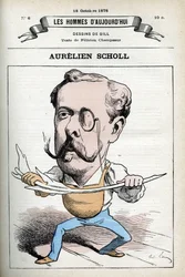 フランスのジャーナリスト、作家、コメディアン、オーレリアン・ショール（1833-1902）の肖像。パリ、ギルの漫画。