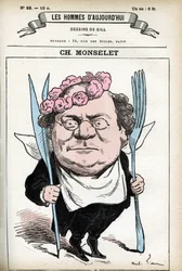 フランスの詩人、ジャーナリスト、小説家、美食家であるシャルル・モンスレー（1825-1888）の肖像。ギルによる漫画、『今日の人』（パリ）所収