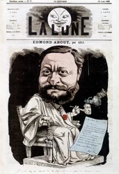 フランスの作家エドモン・アバウト（1828-1885）の肖像。1867年8月25日の「La lune」紙に掲載。ギルによる風刺画。