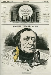 フランスのジャーナリスト・弁護士であるアーネスト・ピカール（1821-1877）の肖像。ギルの漫画、「La Lune」7月21日号掲載