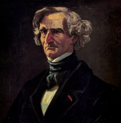 フランスの作曲家、ヘクトール・ベルリオーズ（1803-1869）の肖像。アンドレ・ギル（1840-1885）による絵画の詳細