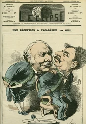 フランスの政治家・外交官であるジョセフ・ドーソンヴィル（1809-1884）とフランスの劇作家・小説家であるアレクサンドル・デュマ・ジュニア（1824-1895）の肖像。表紙は2月25日付ギル社「日蝕」にて