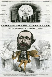 Viconte Ponson du Terrail (1829-1871)の肖像。フランスの大衆作家で、小説・ソープオペラの作者。ギルによる漫画（『月』2月24日号掲載