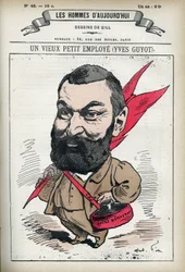 イヴ・ギュイヨ（1843-1928）の肖像。フランスの政治家、広報家、経済学者。パリのギル社の漫画。