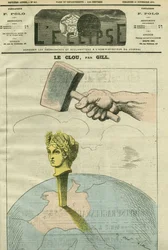 アレクサンドル・デュマ・フィルスの言葉をイラスト化した共和国の漫画「釘」。"意見は釘のようなものだ。叩けば叩くほど、もっと叩かれる。"11月15日付ジルの「L