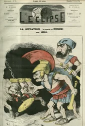 アドルフ・ティエール（1797-1877）とレオン・ガンベッタ（1838-1882）が王党派とボナパルティストの犬に聖職を与えている状況を描いた漫画。2月9日付ジルの「L