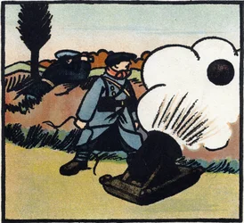 第一次世界大戦1914-1918（14-18）：爆弾発射装置。大砲で敵に爆弾を飛ばすフランス兵。Alphabet of the Great War 1914-1916 (for the children of our soldiers)』のエングレーヴィング。ベルジェ＝ルヴロー版