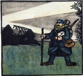 第一次世界大戦1914-1918（14-18）：毛深い。リュック、バッグ、ライフルを背負った軍服姿のフランス軍兵士の肖像。Alphabet of the Great War 1914-1916 (for the children of our soldiers)』のエングレーヴィング。ベルジェ＝ルヴロー版