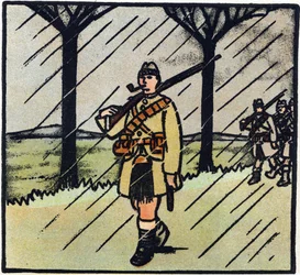 第一次世界大戦1914-1918（14-18）：ハイランダースコットランドからフランス軍を助けに来た兵士たち。彼らの軍服はキルト1枚。Alphabet of the Great War 1914-1916 (for the children of our soldiers)』のエングレーヴィング。ベルジェL版