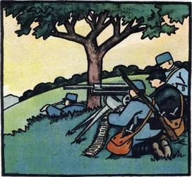 第一次世界大戦1914-1918（14-18）：戦場で機関銃を使用するフランス軍の兵士たち。Alphabet of the Great War 1914-1916 (for the children of our soldiers)』のエングレーヴィング。ベルジェ＝ルヴロー版