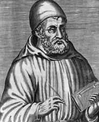 スコットランドの哲学者・神学者であるジョン・ダンズ（通称ダンズ・スコトゥス）（1265年または1266年～1308年）の肖像、アンドレ・テヴェ（1504年～1592年）のエングレーヴィング（「ギリシャ、ラテン、ペイアンの著名人の素晴らしい肖像と人生」より