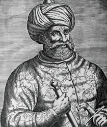 バルバロッサ（1465-1546）と呼ばれたトルコの海賊・提督であるハイル・アル・ディンの肖像、アンドレ・テヴェ（1502-1590）による彫刻