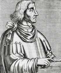 歴史家・外交官Philippes de Commines (about 1445-about 1512)の肖像、『Les Vrais pourtraits et Vies des Hommes illustres』のエングレーヴィング。