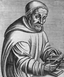 ドイツのベネディクト派修道士で神学者のラバヌス・マウルス・マグネンティウス（856年没）の肖像、アンドレ・テヴェット作「ギリシャ、ラテン、ペイアンの輝かしい人物たちの真実の肖像と人生」の版画