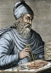 科学：シラクサのアルキメデ（紀元前287～212年）、古代ギリシャの数学者。アルキメデ・スクリューの設計図用のスライド式脚を使用している。19世紀のカラー版画