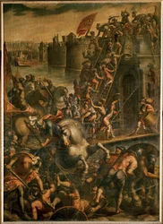 1202年、ザラの街を襲撃するヴェネツィアのドージェ、エンリコ・ダンドロと十字軍（油彩・カンヴァス）