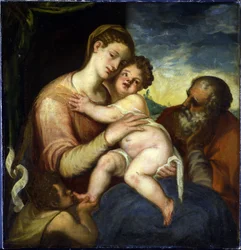 聖家族と洗礼者ヨハネ par Schiavone, Andrea (ca. 1520-1582).キャンバスに油彩、サイズ：98x93、プラハ城蔵
