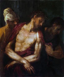 Ecce Homo par Schiavone、アンドレア (ca. 1520-1582)。 木に油彩、サイズ : 34,9x31,4