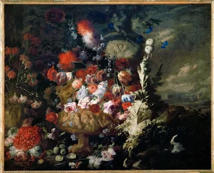 花と果実の花瓶 - 花と果実の花瓶 - Vase de fleurs et fruits dans un paysage ...