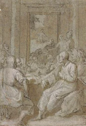 最後の晩餐、奥の出入り口からオリーブの園にいるキリストを眺める