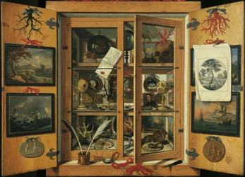 Andrea Dominico Remps（1621-1699）による、さまざまなオブジェクトを備えた珍品のキャビネット（ガラスドア付き）。