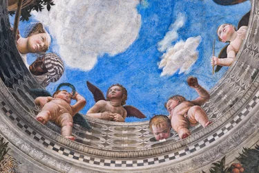 宮廷女官、その黒人の召使い、数人のプットーのいる欄干、1465-74年頃