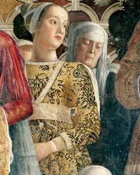 バルバリーナ・ゴンザーガ、アンドレア・マンテーニャ（1431-1606）作の宮廷壁の細部、フレスコ画、サン・ジョルジョ城、婚礼の間またはカメラ・ピッタ、マントゥア