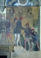 Camera degli SposiまたはCamera Picta、1465-74年のフレスコ画78449の詳細から、マントヴァのマルケスLudovico Gonzaga IIIの宮廷の廷臣