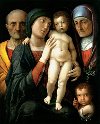 La Sainte Famille (The Holy Family) - Andrea Mantegna (1431-1506) 作、キャンバスに油彩 (75x61.5)、1495年頃 - State Art Gallery、ドレスデン (ドイツ)