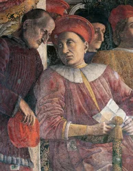 ルドヴィコ・ゴンザーガと顧問弁護士マルシリオ・アンドレアージ、アンドレア・マンテーニャ（1431-1606）作の宮廷壁の細部、フレスコ画、サン・ジョルジョ城、婚礼の間（カメラ・ピッタ）、マントゥア