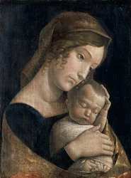 アンドレア・マンテーニャ（1431-1506）作「聖母と眠る子」、糊付けテンペラ、リネン、43x32cm
