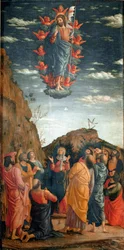 上昇する様子。アンドレア・マンテーニャ(1431-1506)による1460年の絵画。86x42,5cm。Firenze, Galleria degli Uffizi.- アンドレア・マンテーニャ(1431-1506)作「キリストの昇天」。木にテンペラ、86x42.5cm