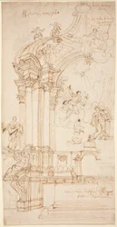 受胎告知の絵を持つバルダチン像 1708年頃またはそれ以降（ペン・インク画）