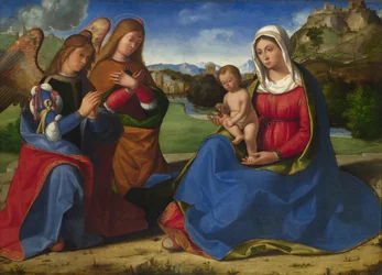 二人の天使に愛された聖母子c。 1505
