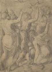 モーセはイスラエル人にウズラを見せ、ウズラとマナの奇跡を起こしました。 1545年。